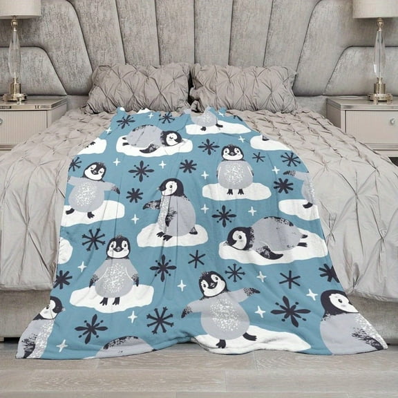 Cozy Penguin & Snowflake Flannel Throw Blanket – Soft, Warm Plush with Adorable Winter Penguin Design, Light Blue Background with Starry Accents – Perfect Gift for Christmas, Mother’s Day & Ramadan –