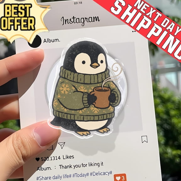 Cozy Penguin Sweater Phone Grip, Aesthetic Winter MagSafe Pop Socket, Cute Holiday Bird Gift, Whimsical Penguin Mobile Stand