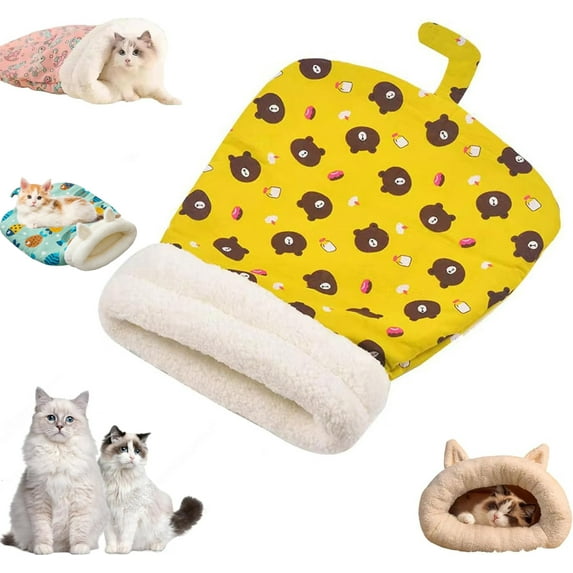 Cozy Pet Nest for Cats and Dogs, Cat Dog Sleeping Bag for Indoor, Portable Calming Pet Nest, Soft Warm Feline Bed, Small Dog Cat Bed for All Seasons Indoors (Yellow Bear,Small)