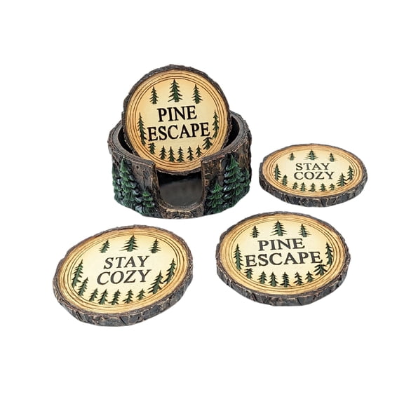 Cozy Pines Resin Log Slice Coasters with Holder, Set of 4, Rustic Cabin Decor