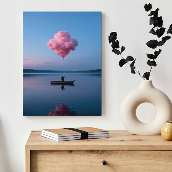 Cozy Pink Cloud Balloon Lake Boat Serene Scene Printed Canvas Wall Art (Hidden Wooden Frame) - Relaxing Decor for Bedroom, Living Room & Casual Area