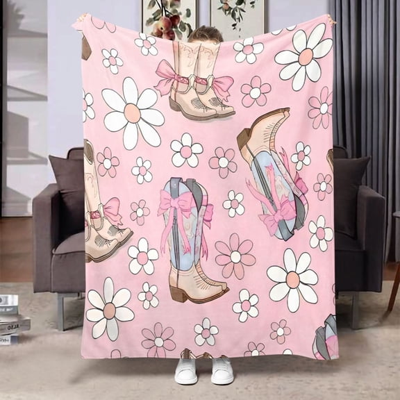 Cozy Pink Cowboy Boots Print Flannel Throw Blanket - Soft Plush Fleece Blanket for Bed, Sofa, Travel, All Seasons, Gift for Women & Girls