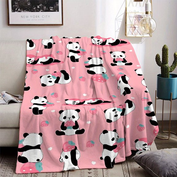 Cozy Pink Flannel Blanket with Panda and Strawberry Print, Soft Warm Multipurpose Throw for Sofa, Bed, Office - All Seasons, Perfect Birthday Gift