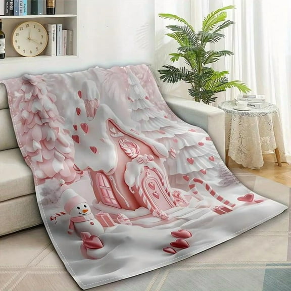 Cozy  Pink Gingerbread House Throw Blanket Reversible Super Soft Flannel Fleece,  Snowman Tree Design, All-Season Multipurpose Digital Print, Polyester, Ideal For Bed, Couch, Home Decor Xmas Gifts