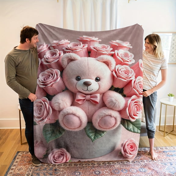 Cozy Pink Teddy Bear & Rose Floral Flannel Blanket - Soft HD Print, Machine Washable, All-Season Plush Gift for Home Decor