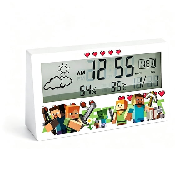 Cozy Pixel Style Digital Alarm Clock, Desk Clock with Temperature Humidity Date Display, Silent Non Ticking Bedside Clock for Bedroom Office