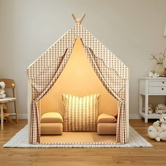 Cozy Plaid Play Tent for Kids - Indoor Outdoor Cabin Teepee, Polyester Playhouse for Reading, Games & Decor, Holiday Gift & Party Fun