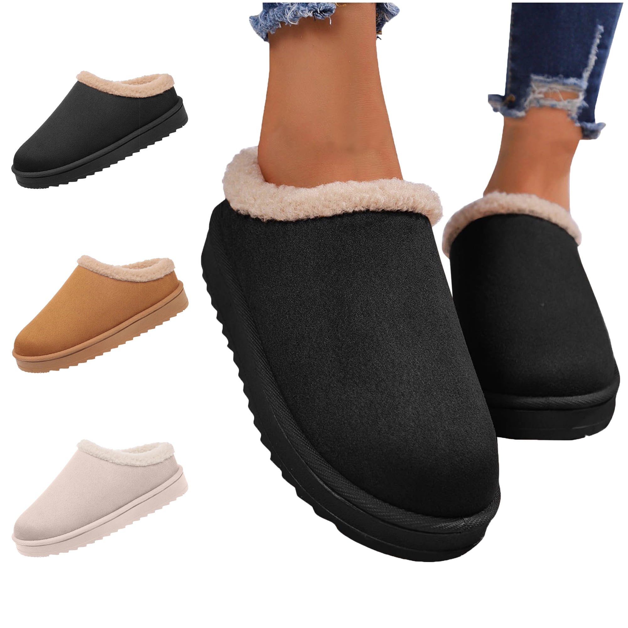 Solid Color Fuzzy Slippers Women Cozy Platform Warm Winter Slip On House Shoes Fluffy Soft Memory Foam Anti Skid Rubber Sole Bedroom Indoor Outdoor