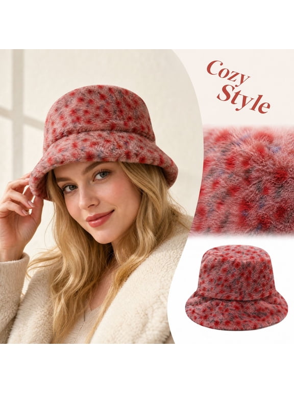 Cozy Plush Bucket Hat For Women Floral Pattern Warm Ear‑Covering Hat Wide Brim Winter Casual Outdoor headwear