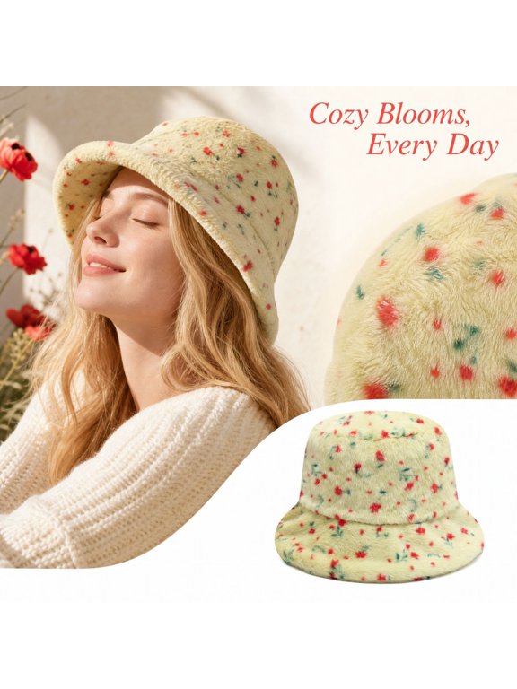 Cozy Plush Bucket Hat For Women Floral Pattern Warm Ear‑Covering Hat Wide Brim Winter Casual Outdoor headwear