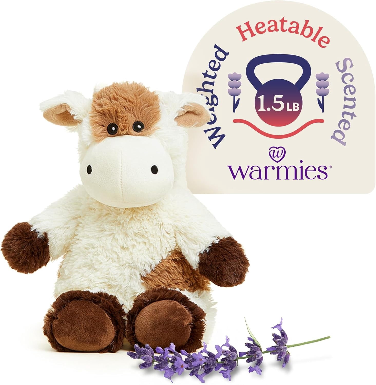 Warmies Microwavable Weighted Stuffed Animal, Lavender-Scented Cow Plushie, 1.5 lbs