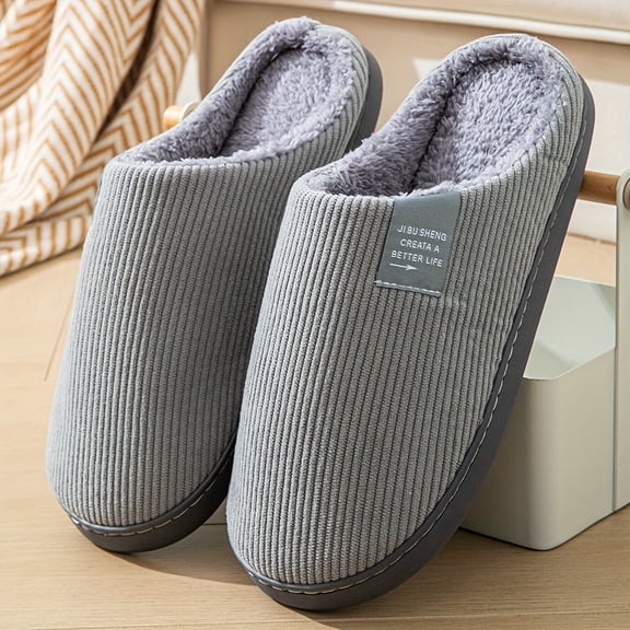 Cozy Plush-Lined Men's Indoor Slippers - Warm, Non-Slip Home Shoes for Fall/Winter, Dark Blue Ribbed Texture with Soft Gray Interior, Comfortable Round Toe Design, House Slippers