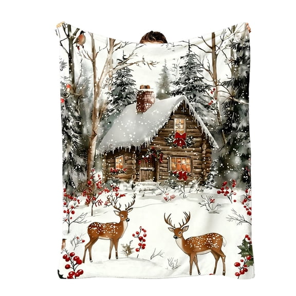 Cozy Plush Log Cabin Reindeer Snowy Forest Blanket - Hypoallergenic All-Season Bedspread Sofa Cover, Winter Scene Digital Print, Machine Washable