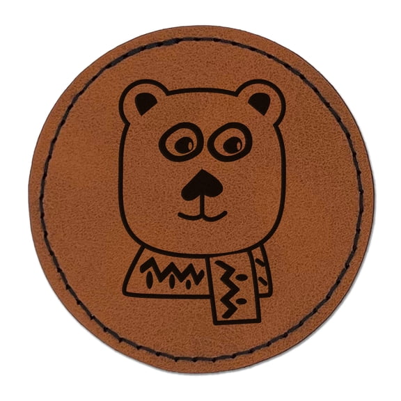 Cozy Polar Bear 2.5" Faux Leather Round Engraved Iron-On Patch - Brown