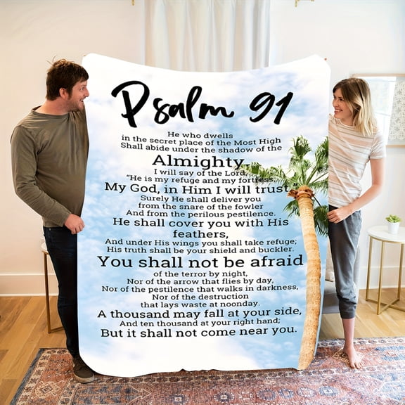 Cozy Printed Psalms Scripture Design Soft Lightweight Blue White Gradient Toned Themed Pattern Flannel Blanket Soft Warm Gift Holiday Memories Best Friend Family for Napping Camping Travel