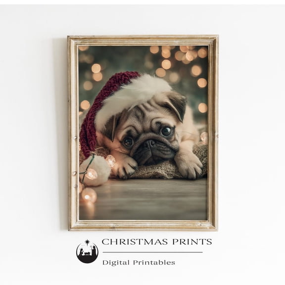 Cozy Pug Poster Wall Art, Cute Dog With Santa Hat Warm Winter Decor UNFRAMED Poster, Wall Art for Decor, Present, 24x36