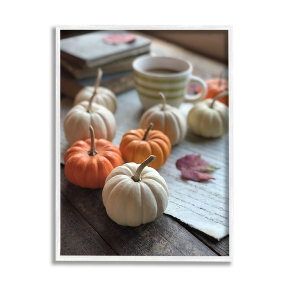 Cozy Pumpkins Scattered Leaves Coffee Mug Photography Botanical & Floral Photograph Framed Art Print Wall Art