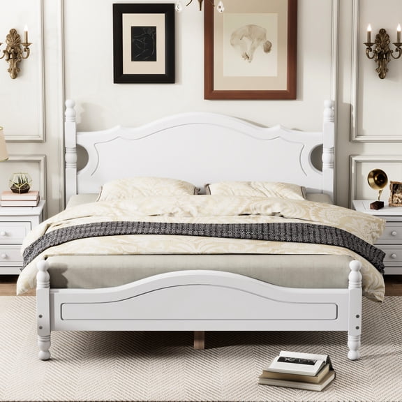 Cozy Queen Size Bed Frame, White With Retro Wooden Slat Support, Relaxing Bedroom Bed, Wood Platform For A Good Night's Rest