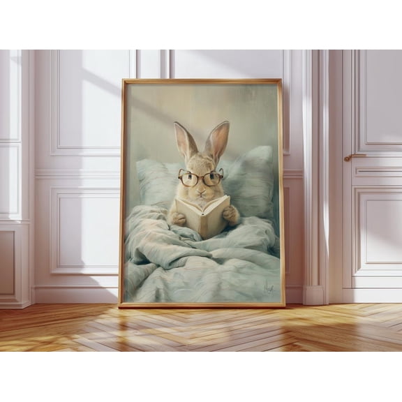 Cozy Rabbit Reading Wall Art Poster – Bunny with Glasses in Bed Illustration Print 8x12 UNFRAMED