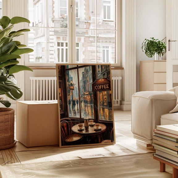 Cozy Rainy Café Art Poster, Vintage Romantic Moody Illustration, Wall Art, Kitchen Living Room Home Decor, European Coffee Art, 16x24 UNFRAMED