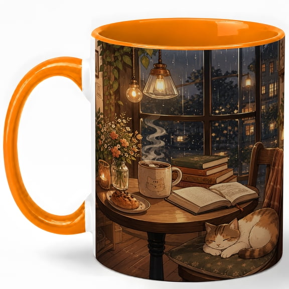 Cozy Rainy Reading Coffee Mug, Cat Window Book Mug, Warm Cottagecore Library Ceramic Mug, Book Lover Cat Lover Gift Cup, 11 oz