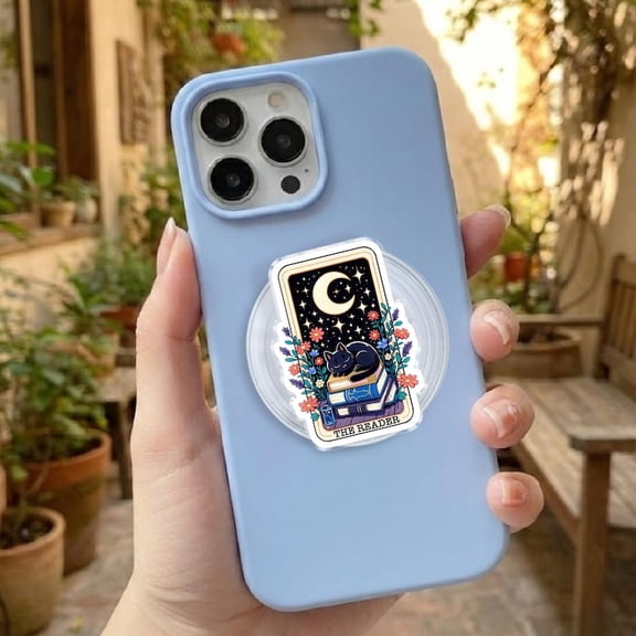 Cozy Reader Cat Phone Grip, Bookish Cat Phone Holder, Tarot Reader Aesthetic Grip, Cute Black Cat Book Grip, Reader Gift