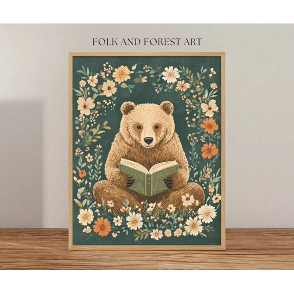 Cozy Reading Bear Print | Whimsical Woodland Art | Multiple Sizes Included 24x36 UNFRAMED