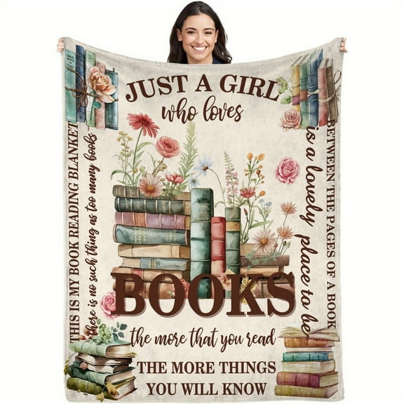 [Cozy Reading Blanket] Soft Polyester "Just a Girl Who Loves Books" Lightweight Flannel Blanket, Digital Print with Books & Flowers, Machine Washable, AllSeason Comfort, Reading