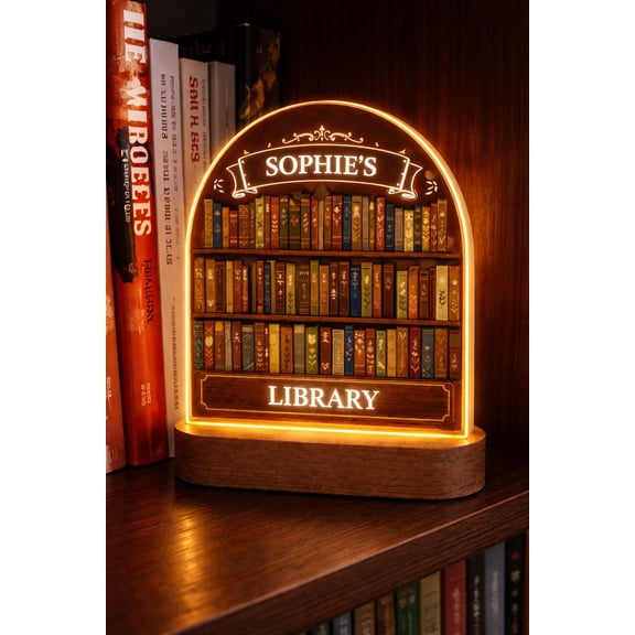 Cozy Reading Corner Name Night Light, Flat 2D Acrylic Printed, Book Stack Pattern, Literary Gift For Teacher