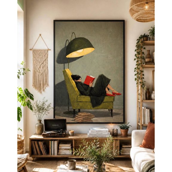 Cozy Reading Moment, Woman on Green Chair Art, Red Shoes Wall Decor, Buchliebhaber - Book Lover Art, Oversized Poster, Poster Only