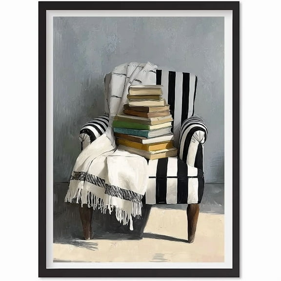 Cozy Reading Nook Wall Art, Stack Of Books On Chair Print, Neutral Aesthetic, Matte Canvas Stretched, Posters for Room Bedroom Living Room Bathroom Wall Decor, Posters & Art Prints, Gift.