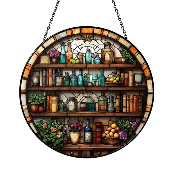 Cozy Reading Scene Round Suncatcher Stained Glass Style Window Decoration