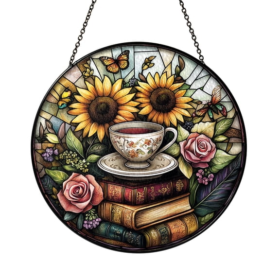 Cozy Reading Theme Stained Glass Style Suncatcher – Round Window Decor