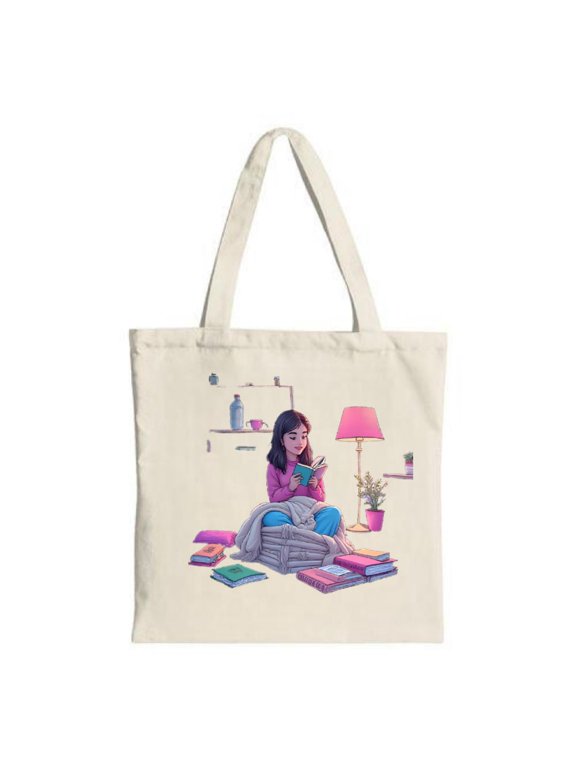 Cozy Reading Tote Bag - Canvas Multifunctional Reusable Shopping Bag with Charming Book Stack Design Perfect for Travel & Parties