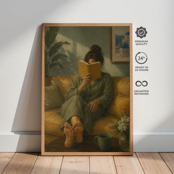 Cozy Reading Woman Wall Art, Emerald Book Lover Printable Poster, Literary Nook Decor, Poster Only