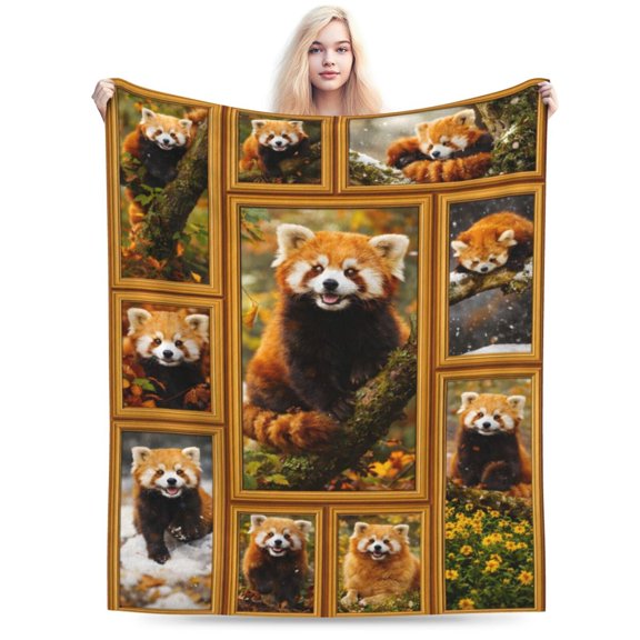 Cozy Red Panda Collage Fleece Throw Blanket, Autumn Woodland Animal Portrait, Soft Warm Blanket for Sofa Bed Gift 50x40