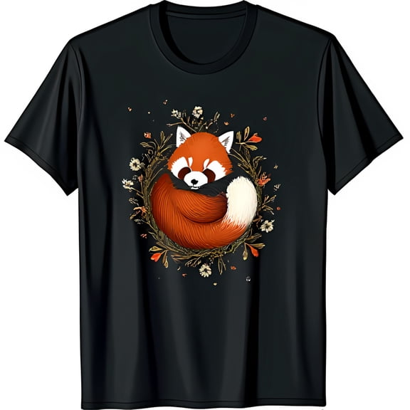 Cozy Red Panda Floral Wreath Black T-Shirt Cute Animal Design