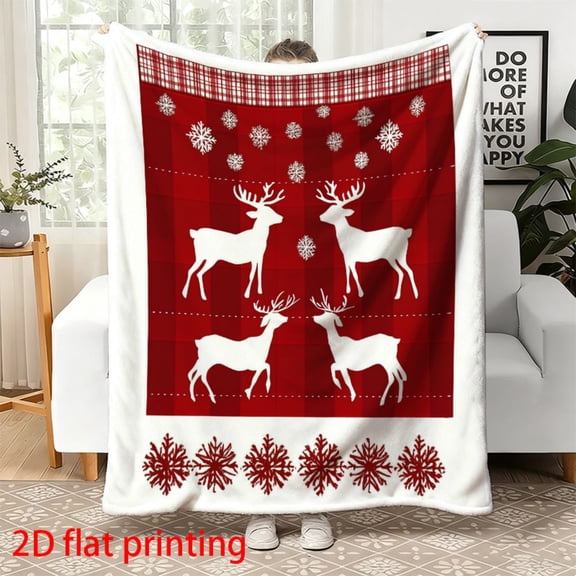 Cozy Red Plaid Reindeer Fleece Throw Blanket - Nordic White Burgundy Checkered Snowflake Pattern, Soft Flannel Bedspread for Couch Bed Sofa, Warm Winter Bed Cover Scandinavian Decor