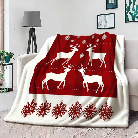 Cozy Red Plaid Reindeer Fleece Throw Blanket - Nordic White Burgundy Checkered Snowflake Pattern, Soft Flannel Bedspread for Couch Bed Sofa, Warm Winter Bed Cover Scandinavian Decor