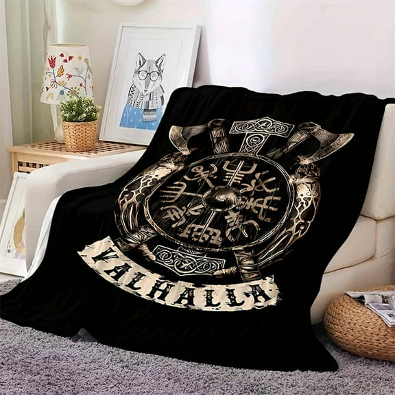 Cozy Retro Viking-Inspired Flannel Blanket with "VALHALLA" Emblem Soft Warm Throw for Sofa Bed Office and Camping Ideal All-Season Gift Black with Intricate Norse Design