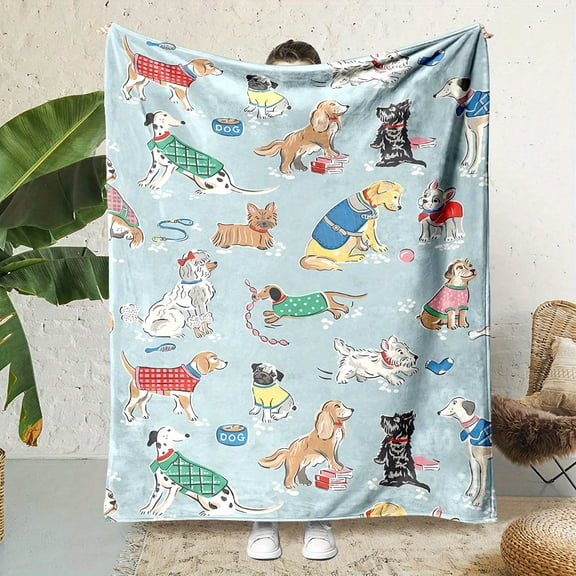 Cozy Reversible Dog Print Fleece Throw Blanket - Soft Warm Lightweight 280gsm Non-Shedding Pet Blanket for Couch Bed Travel,  Bone Design Gift for Dog Lovers