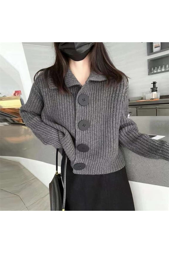 Cozy Ribbed Button-Front Sweater (FreeSize, Grey)