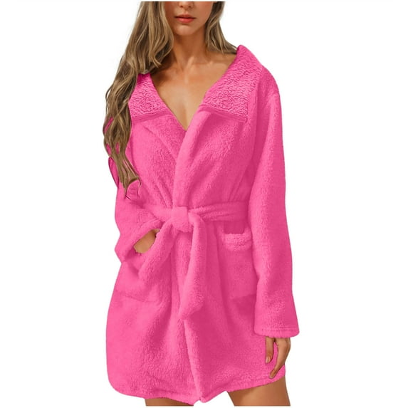 Cozy Robes for Women Plush Short Bathrobe Long Sleeve Collared Terry Cloth Spa Hotel Night-Robe Sleepwear Jammies Pjs, Hot Pink, XXXL