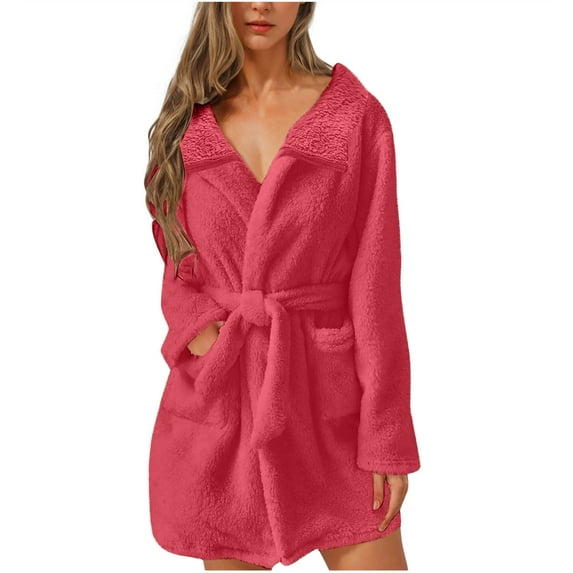 Cozy Robes for Women Plush Short Bathrobe Long Sleeve Collared Terry Cloth Spa Hotel Night-Robe Sleepwear Jammies Pjs, Watermelon Red, XXXL