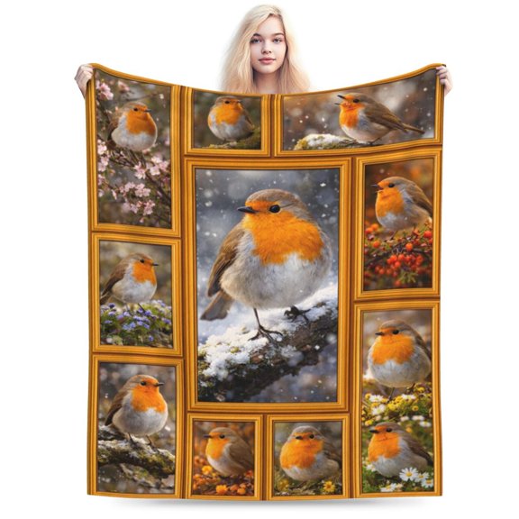 Cozy Robin Bird Collage Fleece Throw Blanket, Winter Snow & Floral Nature Portrait, Soft Warm Blanket Gift 50x40