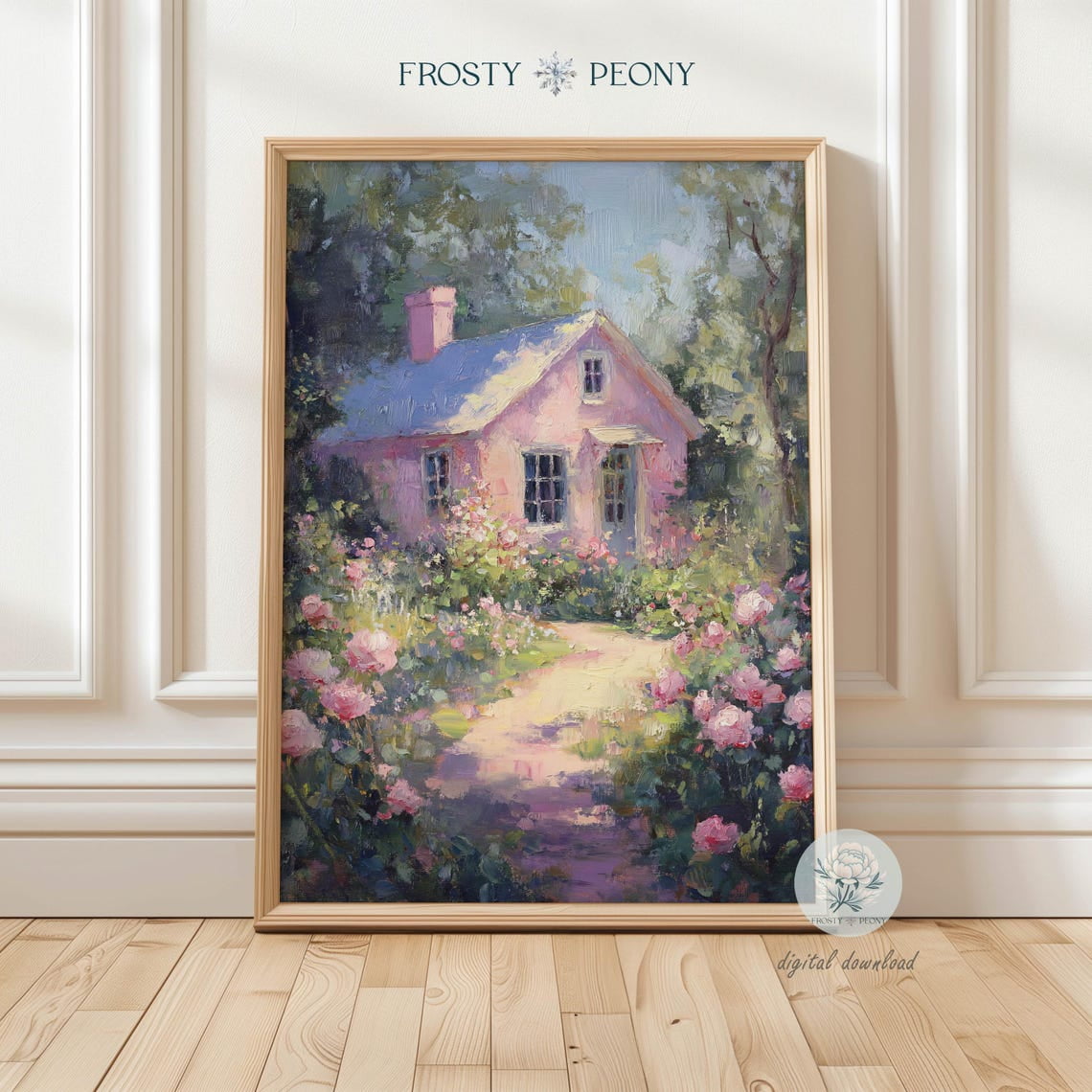 Cozy Rose Garden Cottage Art Print, Countryside Cottage Landscape Wall ...