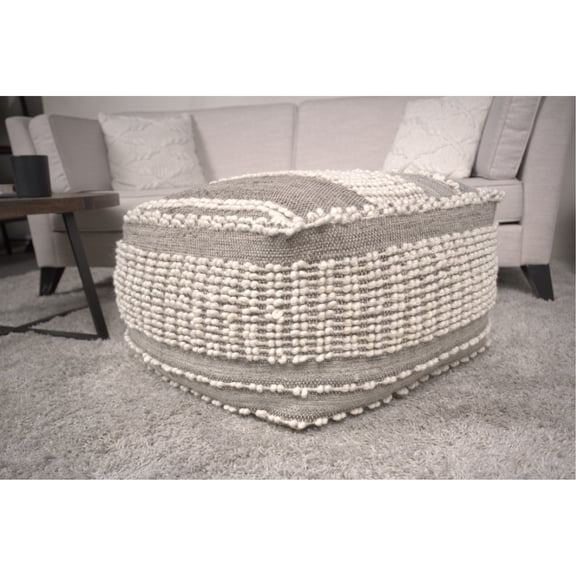 Cozy Rustic Large Pouf In Brown And Beige Wool & Cotton, , 26x26x16.5 Inches, Fully Assembled, Spot Clean, 75% Wool, 25% Filled With Beads Cotton