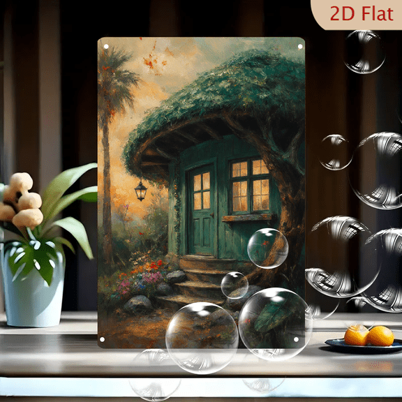Cozy Rustic Tree Cottage Wall Art, 8x12 Inches Metal Tin Sign, Fairy Tale House with Moss Roof and Warm Lights, Serene Sunset Scene for Home Decor