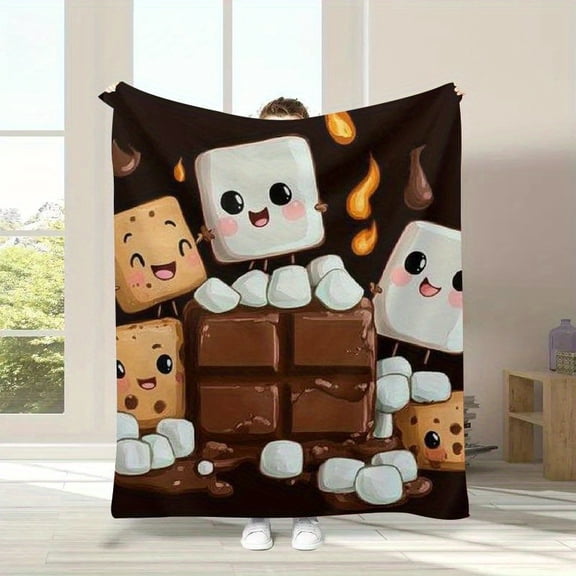 Cozy S'Mores Plush Throw Blanket - Adorable Marshmallow & Chocolate Pattern, Super Soft Lightweight Flannel for Bed Couch All Season, Home Decor Gift