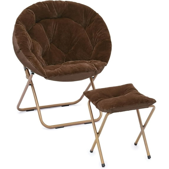 Cozy Saucer Chair, Living Room Chair, Faux Fur Soft Thick Padded Folding Chair, Comfortable Moon Chair for Living Room, Bedroom, Reading Nook, Modern Style, Brown